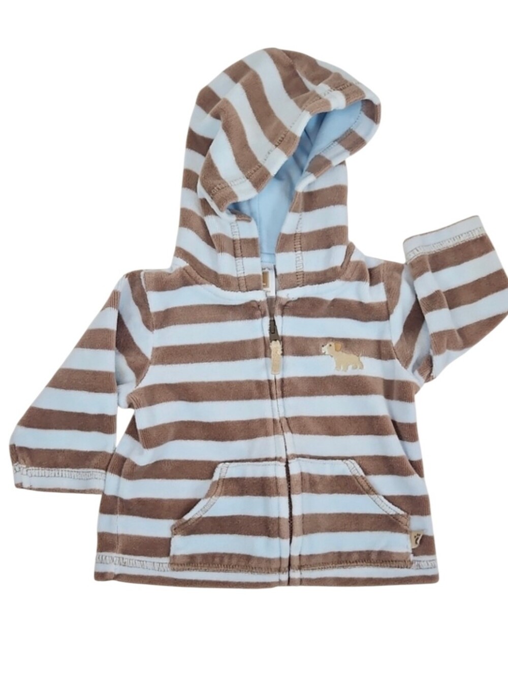 3 Mos. Vintage Baby Hoodie Jacket Blue Brown Stripes Dog Embroidered Zip Closure